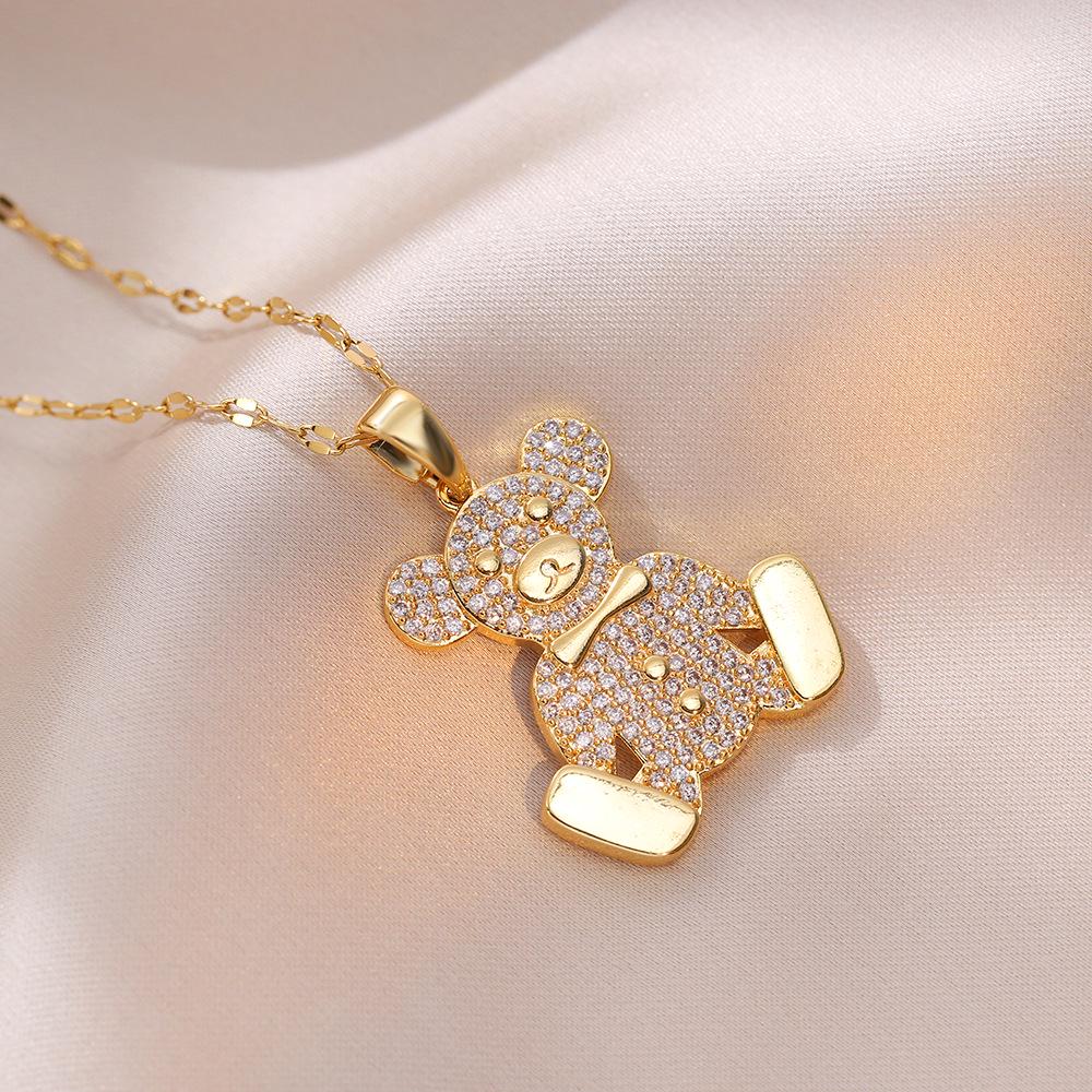 Women's Full Diamond Bear Necklace - Trendy Hip-Hop Titanium Steel Sweater Chain Jewelry