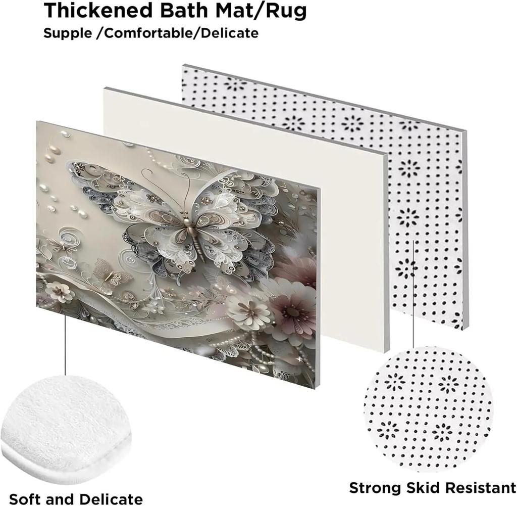 4-teilige Duschvorhang-Sets, Graue Schmetterlings-Badezimmervorhänge Duschset, Badezimmer-Deko-Sets, Duschvorhang für Badezimmer mit Teppichen