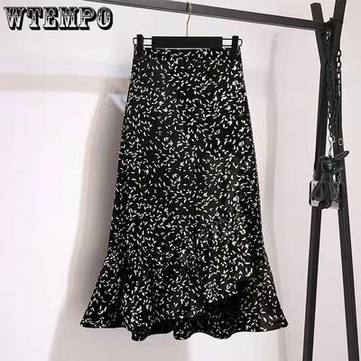 Summer Chiffon Fishtail Skirt Floral Skirt Mid-length High-waisted Fishtail Black Hip Skirt A-line Skirt