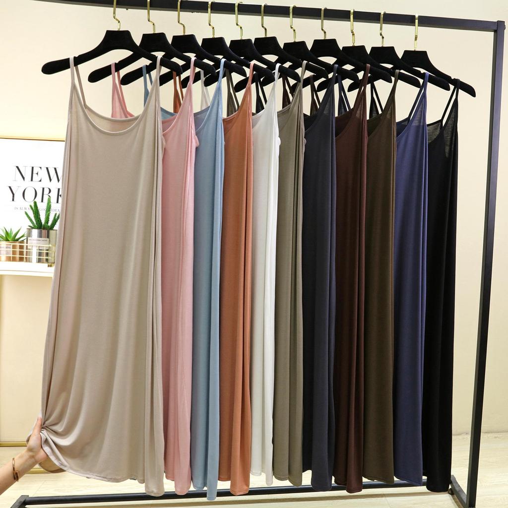 Modal Spaghetti Strap Dress Summer Sexy Sleeveless Tank Dress Solid Color Casual Camisole Dresses Long Soft Sleepdress Basic Slipdress