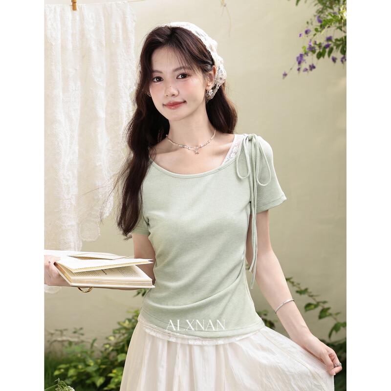 Women s Green Lace Trim Short Sleeve T-Shirt L