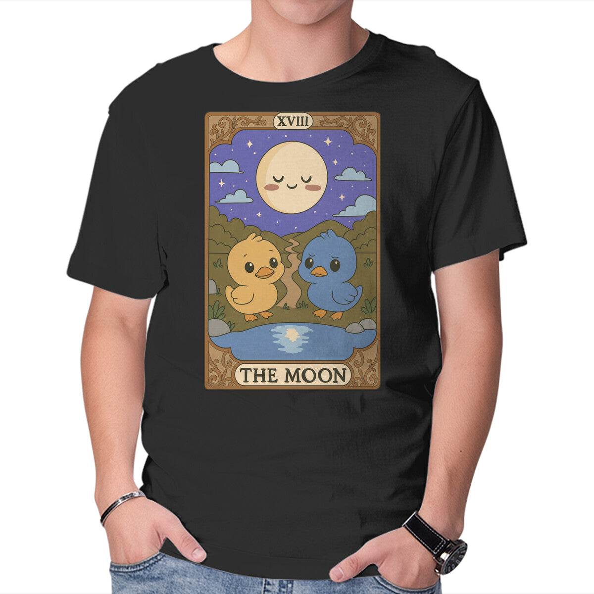 Unisex Crew Neck T-Shirt Duck Tarot The Moon Graphic Short Sleeve Casual Tee XL