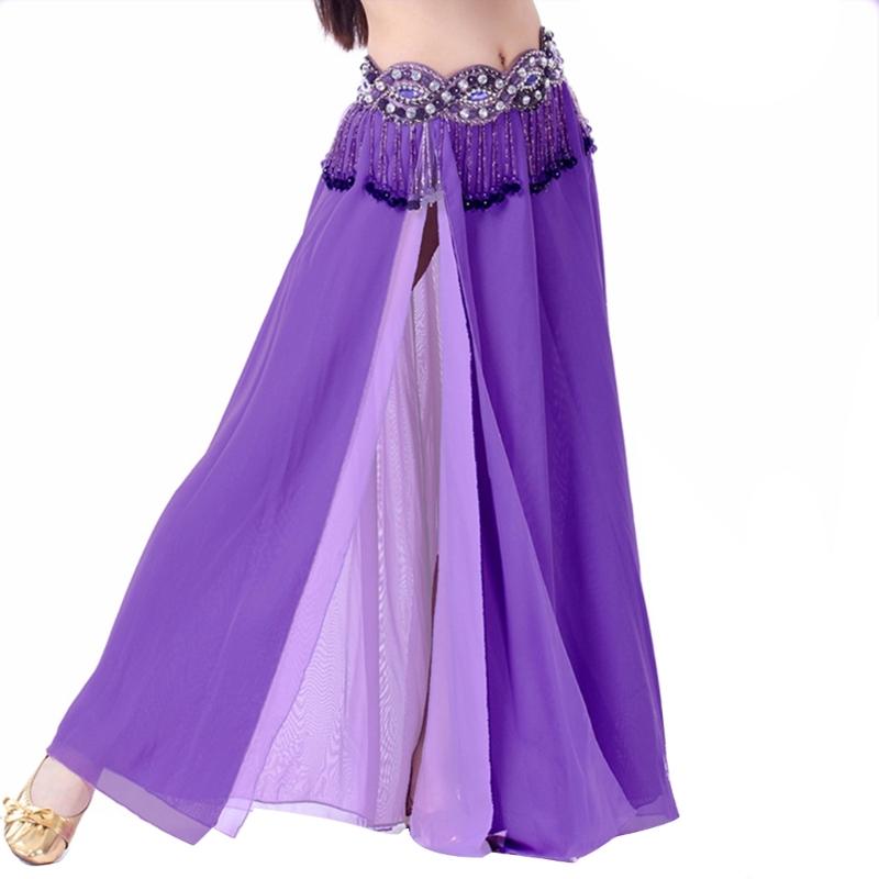 Belly Dance Skirt Double Slits Dance Training Dress Chiffon Long Skirt for Professional and Beginner