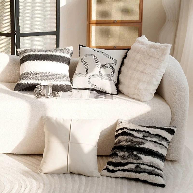 Black & White Modern Throw Pillow Covers Set - Neutral Abstract Striped & Plush Cushion Covers for Living Room Sofa Decor