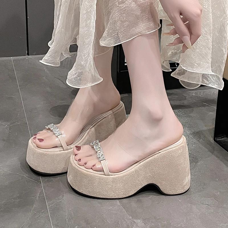 11CM Women Summer Wedge Sandals Transparent Bling Crystal Chunky Platform Slippers Shoes Woman Ultra-high Thick Bottom Sandalias