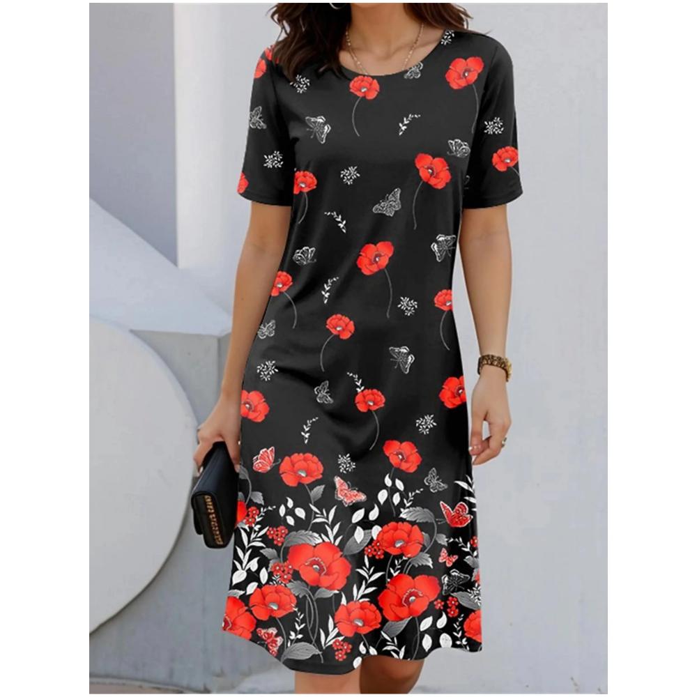 Color Conflict Women's Dress Short-sleeved Dress 3d Floral Print Party Street Wear Elegant Pullover Summer Casual Loose Dress