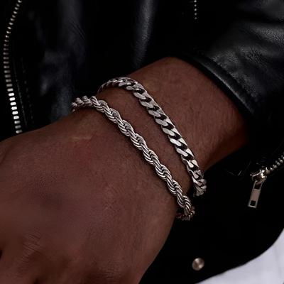 3/5pcs 304 Stainless Steel Bracelet for Men, Silver Gold Black 3-color Twisted Rope Bracelet, Fashionable Cuban Chain Gift