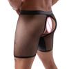 Men'S Sexy Long Boxer Shorts Buckle Open Pu Penis Pouch Crotchless Underwear Open Butt Trunks See Through Mesh Exotic Lingerie