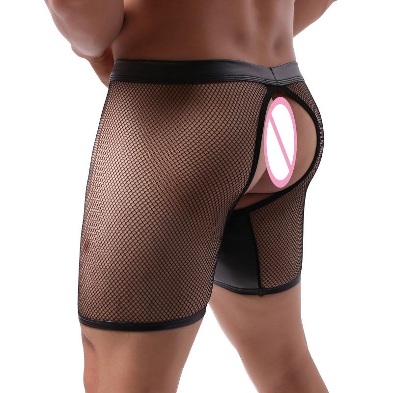 Men'S Sexy Long Boxer Shorts Buckle Open Pu Penis Pouch Crotchless Underwear Open Butt Trunks See Through Mesh Exotic Lingerie