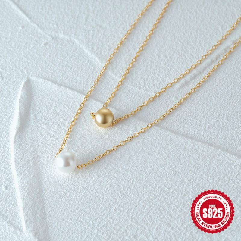 Adjustable 18K Gold Plated Sterling Layered Pearl Bead Pendant Necklace Women O-Link Chain Daily Fashion Jewelry