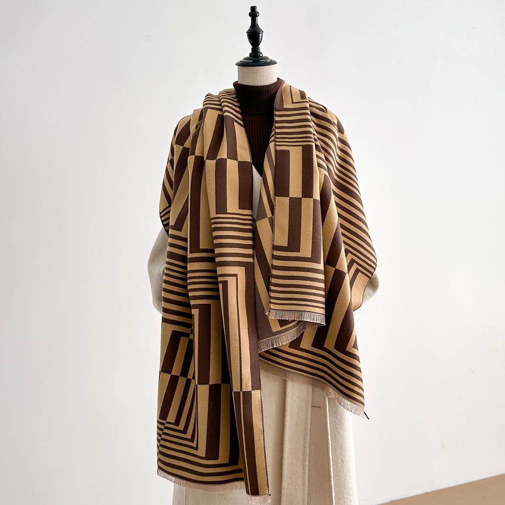 Striped Fashion H Imitation Cashmere Scarf Women's Winter Thickened Double-sided Cold Scarf Cape Shawl