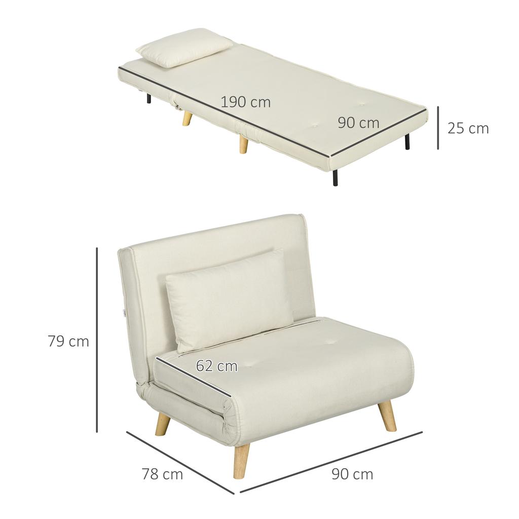 Single Sofa Bed 3 In 1 Folding Sofa Bed with Adjustable Backrest and Cushion for Living Room Bedroom 90x78x79 Cm Cream