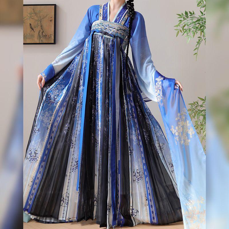 Chinesischer Tang-Dynastie-Stil Hanfu Blau Jungfräulich Serie Bestickt Brustlang Sommer Alltagsanzug