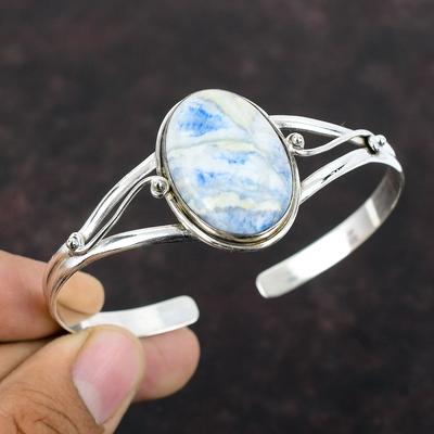 Blauer Scheelit Armreif aus 925er Sterlingsilber, echter Edelstein-Armreif, handgefertigter Schmuck, verstellbarer Armreif, Geschenk für Mama, antiker Schmuck