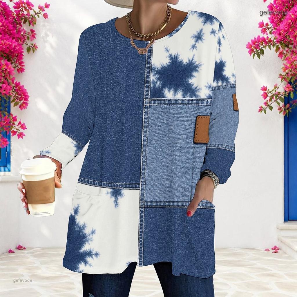 Women Plus Size Round Neck Long Sleeve Blue White Beige Printed Loose Longline T Shirt With Pockets