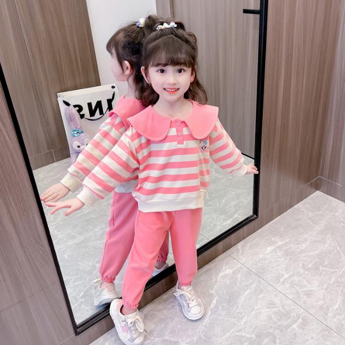 Girls Spring Autumn Cartoon Collar Sweatshirt Set Baby Casual Two Piece Outfit 90
