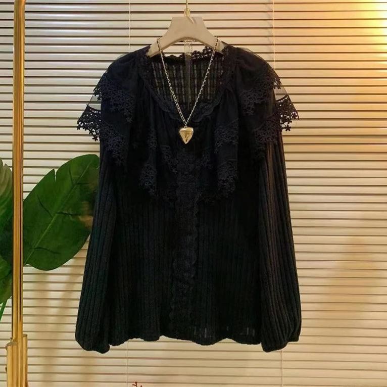 

Женская одежда оверсайз футболка с круглым вырезом пэчворк кружево длинный рукав повседневные футболки модные корейские футболки повседневные футболки топы XXXL чёрный