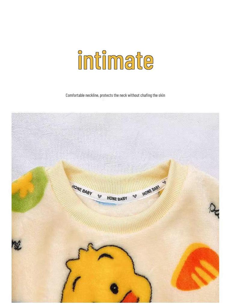 Children's Coral Fleece Flannel Pajamas - Cartoon Round Neck, Thickened Velvet Set for Boys, Girls, Babies