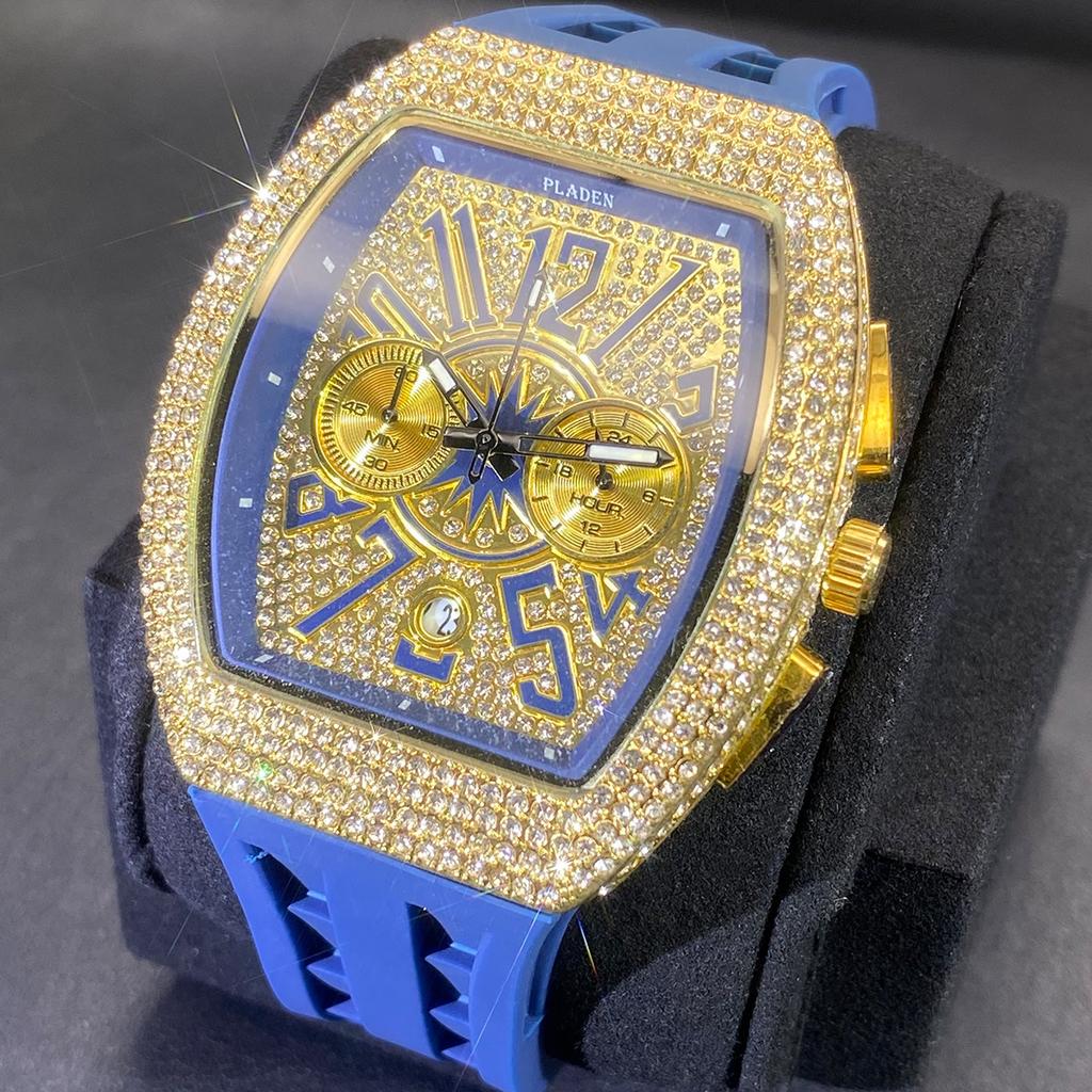Full Diamond Hip Hop Wine Barrel Multifunctional Chronograph Large Dial Silicone Strap Watch