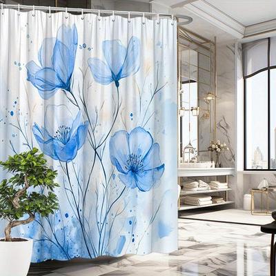 1pc Elegant Blue Flower Shower Curtain - Delicate Petals, Light Blue Gradient, Minimalist Design, Polyester,70.8x70.8In,12 Hooks