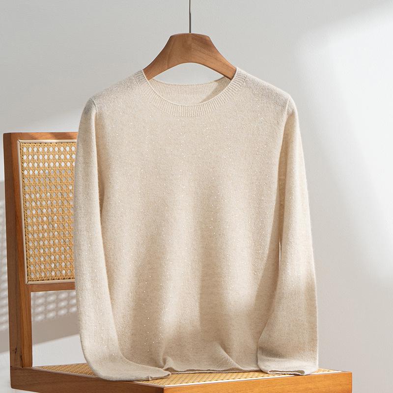 Women's 100% Cashmere Round Neck Loose Pullover Sweater, Long Sleeve, Solid Color Knitwear for Autumn/Winter