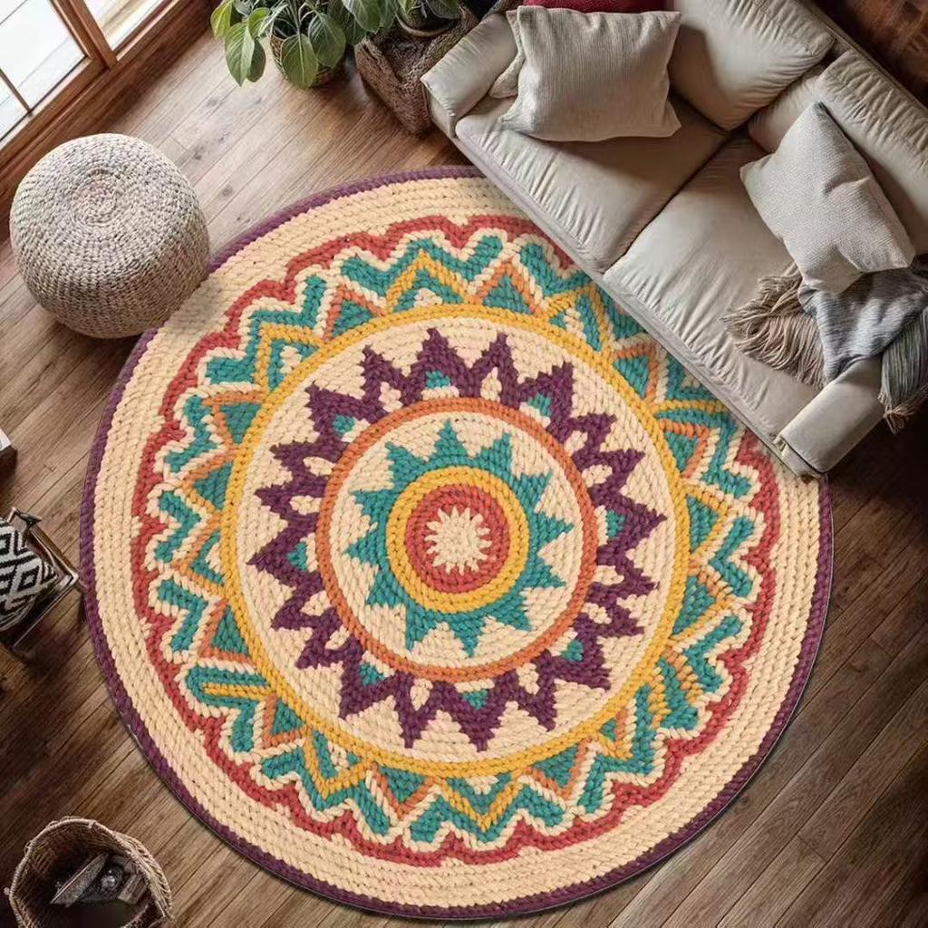 Okrągły Dywan Mandala Mata Dywanik Boho Etniczny Dekoracja Domu Antypoślizgowy Ręcznie Tkany Kolorowy Geometryczny Mata Podłogowa do Salonu
