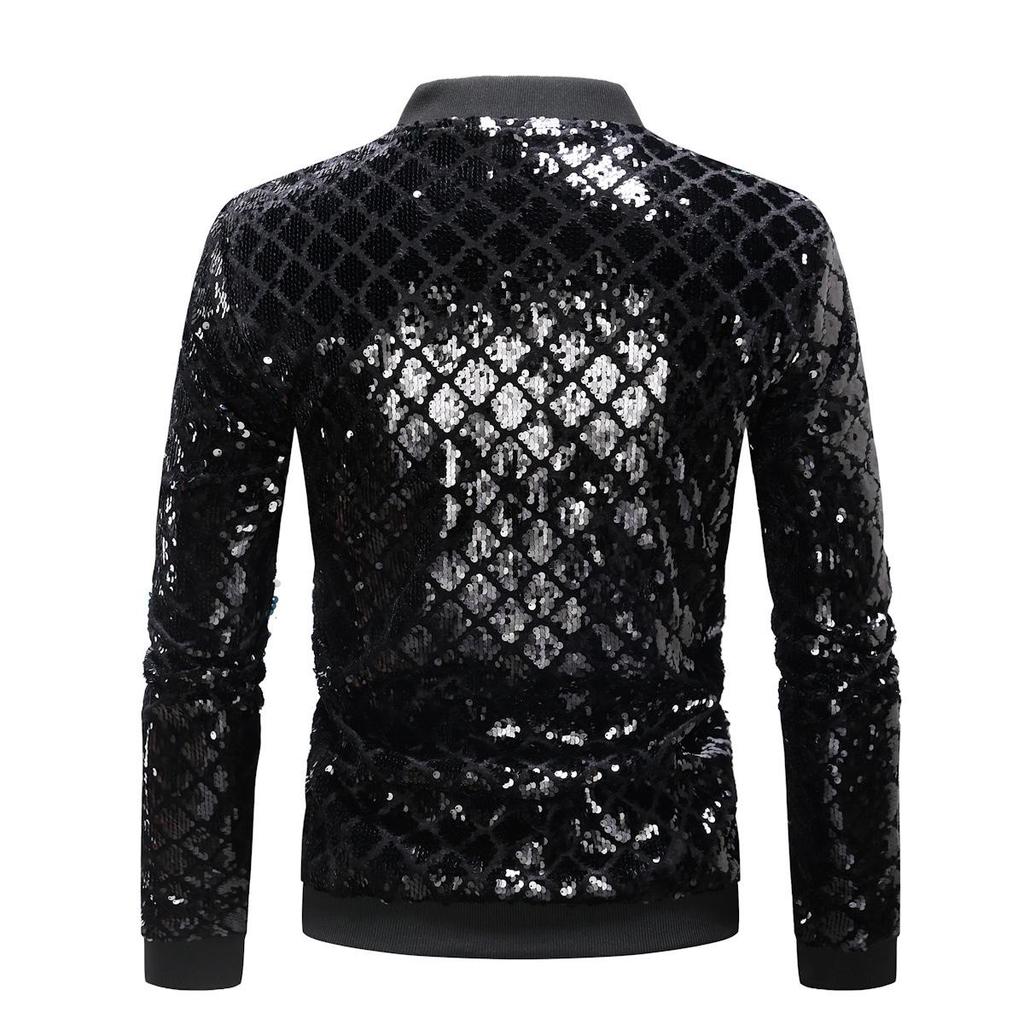 Men's Sequined Plaid Stand Collar Jacket – Trendy Spring/Autumn Fashion