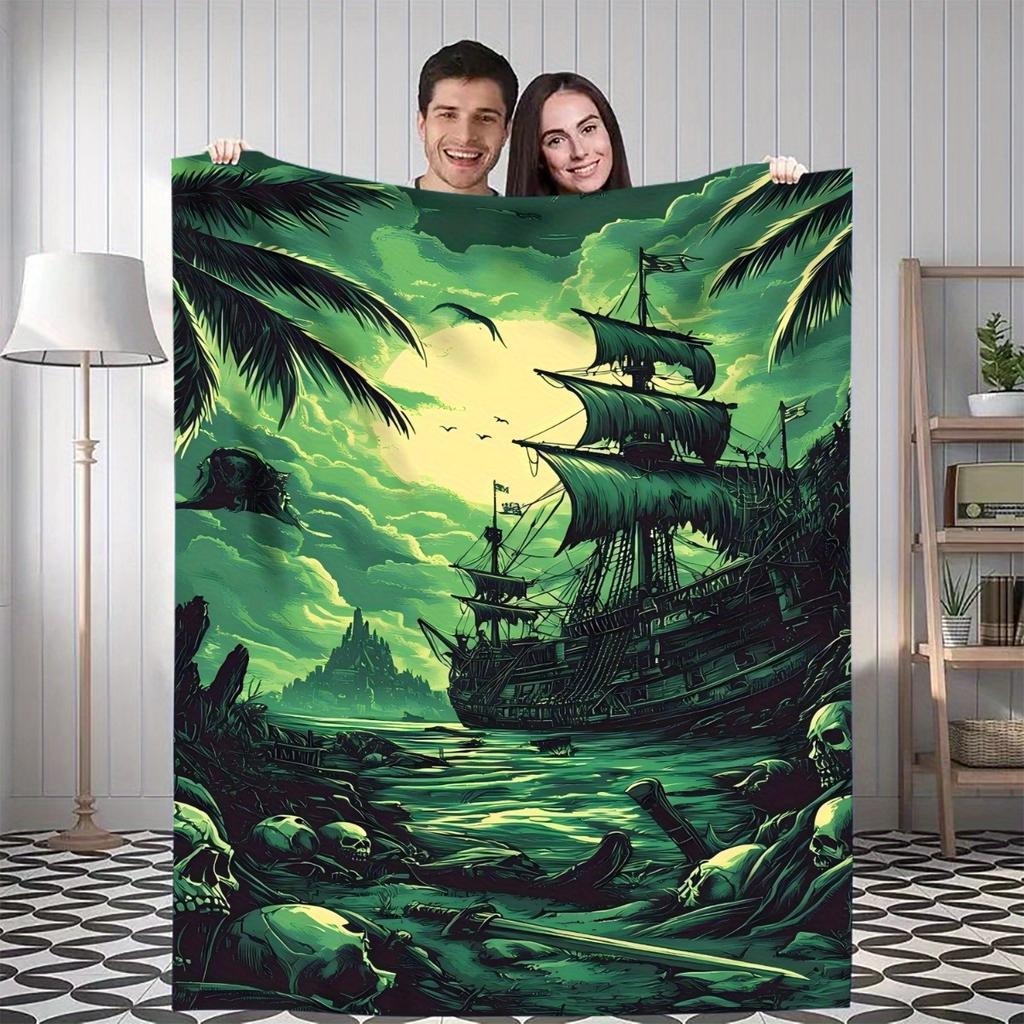 1pc Pirate Ship Wreck Digital Printed Design Blanket - All-Season Soft Flannel Throw with Tropical Beach Scene, Skulls & Palm Tr