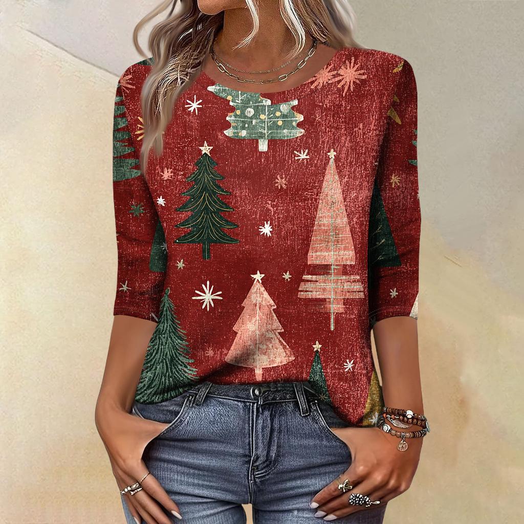 Women's Fashion Casual Christmas Tree Printed Round Neck Three-Quarter Sleeve T-Shirt Top