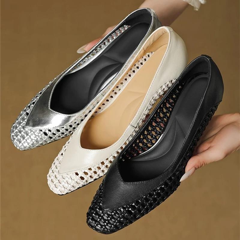 Fashion Retro Hollow Woven Low Heel Pumps Women Elegant Square Toe Thick Bottom High Heels Concise Comfortable Commuting Office Shoes