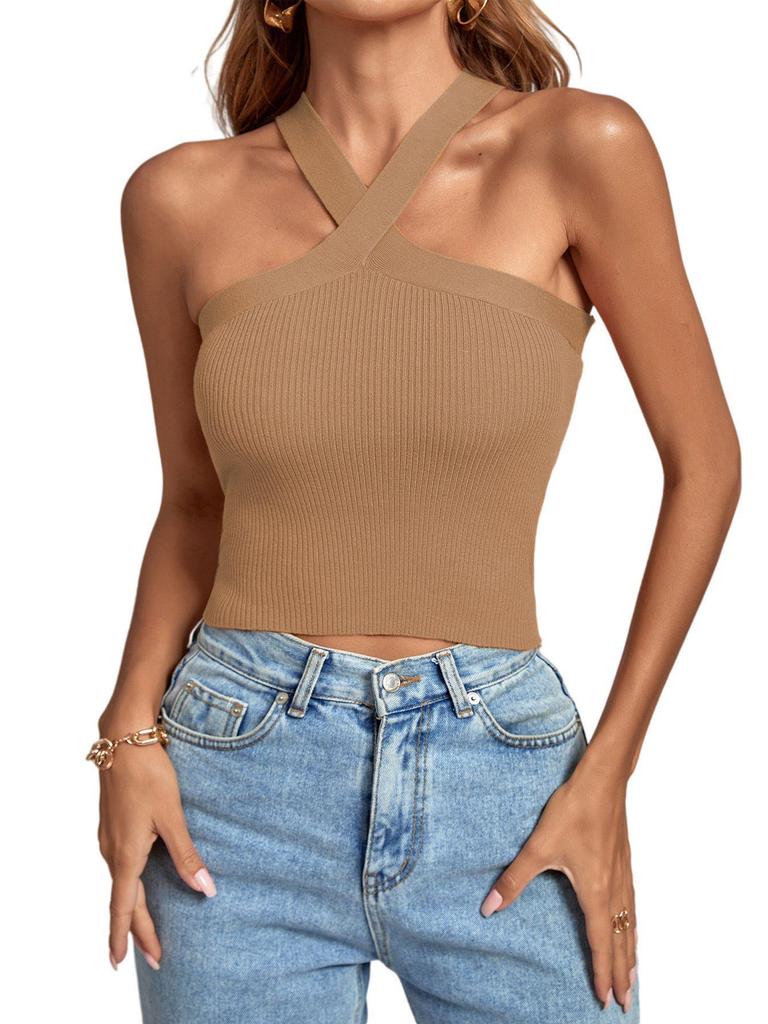 2024 Spring/Summer Women's Knitted Backless Cross Halter Strap Bralette Sweater Tank Top