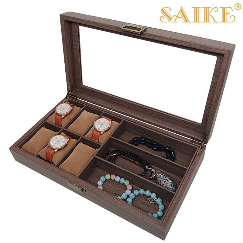 

Vintage Wood Grain PU Leather Storage Box for 6 Watches & 3 Eyeglasses