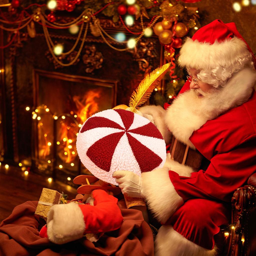 3D Red and White Christmas Candy Plush Pillow: Decorative Back and Seat Cushion