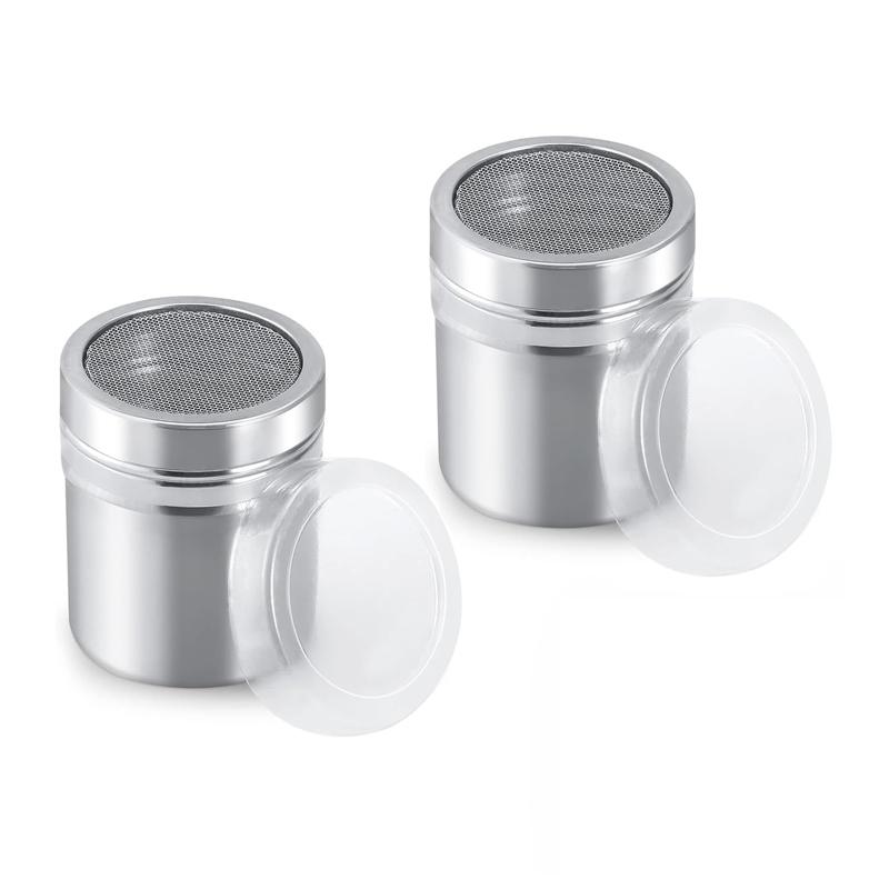 2Pcs Stainless Steel Flour Sugar Salt Shaker 7oz Chocolate Icing Sugar Powder Shaker Fine Mesh Flour Duster Flour Coffee Shaker