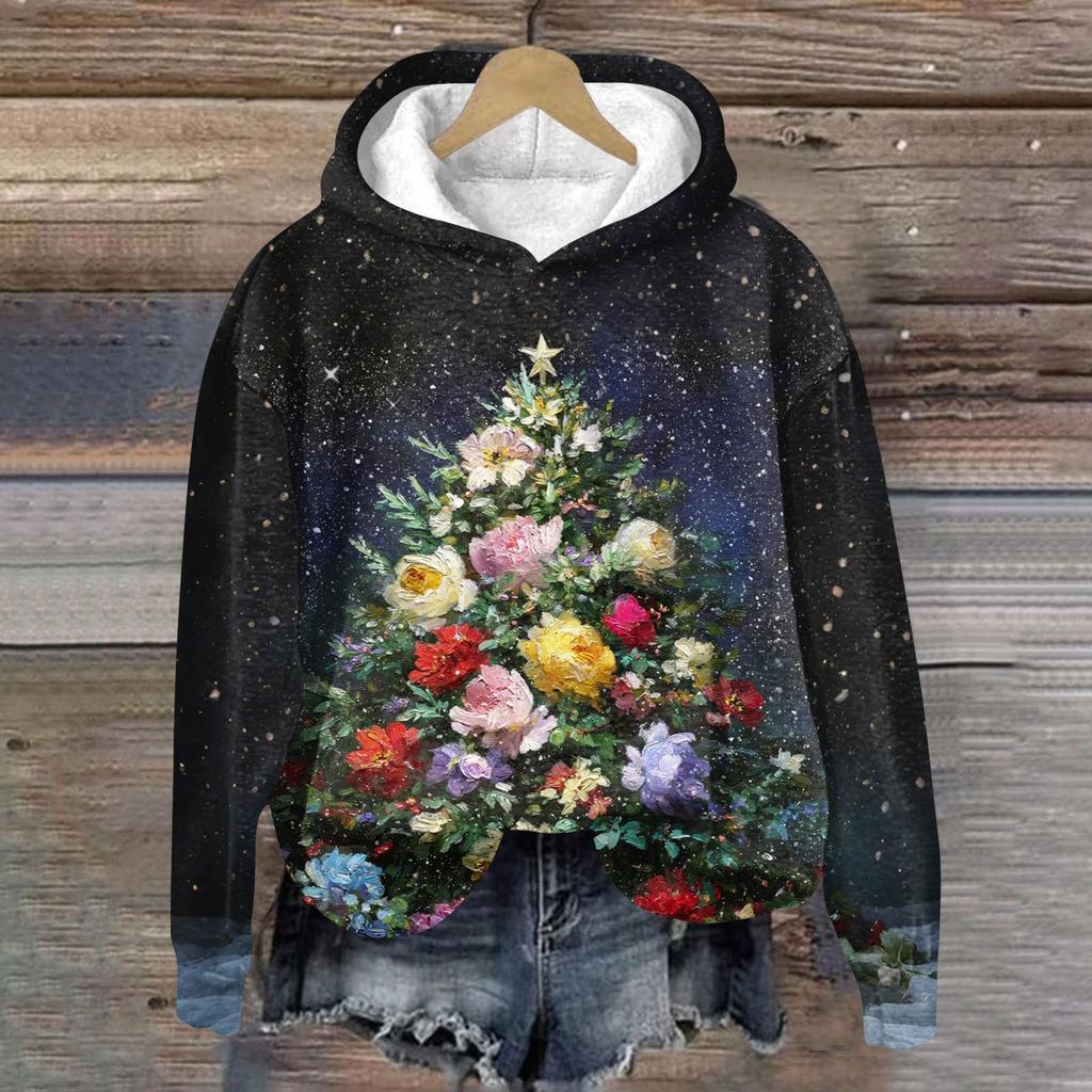 Women's Fashion Long Sleeve Christmas Print Loose Hooded Sweatshirt Top