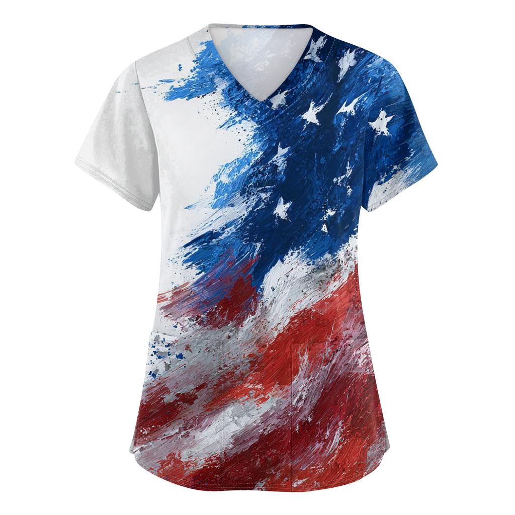 Women's V-neck Independence Day print short-sleeved pocket side-opening protective work shirt