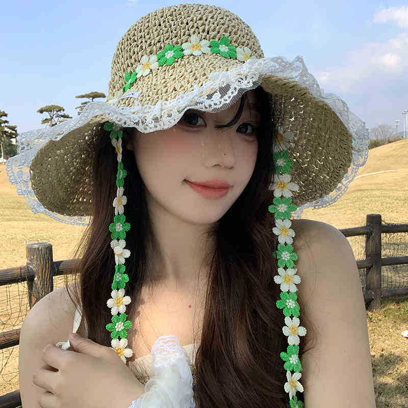 

Шляпа из соломы с широкими полями и кружевной отделкой, новая весна 2025, пляжная солнцезащитная шляпа, шляпа от солнца с цветком M（56-58cm）