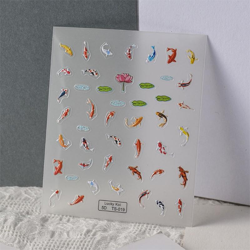 5D Embossed Colorful Lotus Leaf Small Fish Soft Relief Nail Art Stickers Diy