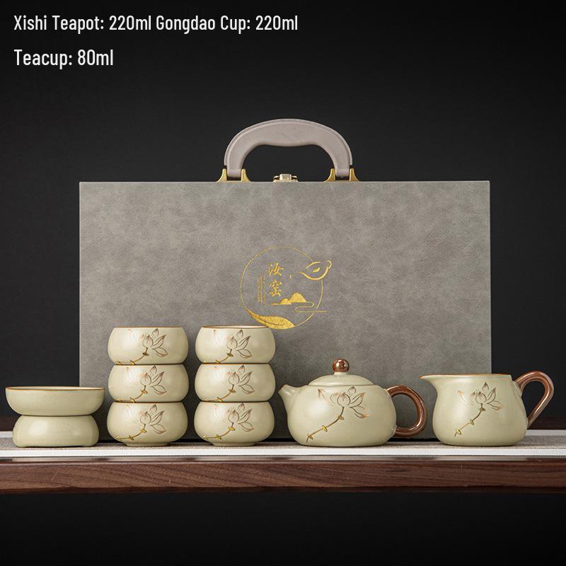 Elegant Yellow Ru Ware Kintsugi Lotus Kung Fu Tea Set - Ceramic Overglaze for Home Use.