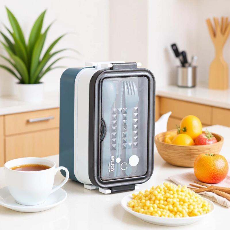 Rectangular Double-Layer Microwaveable Plastic Bento Lunch Box with Cutlery