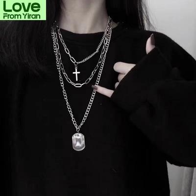 Wielowarstwowy naszyjnik łańcuchowy dla kobiet mężczyzn długi hip hop punk krzyż wisiorek naszyjnik ze stali nierdzewnej urok srebrny kolor biżuteria prezent