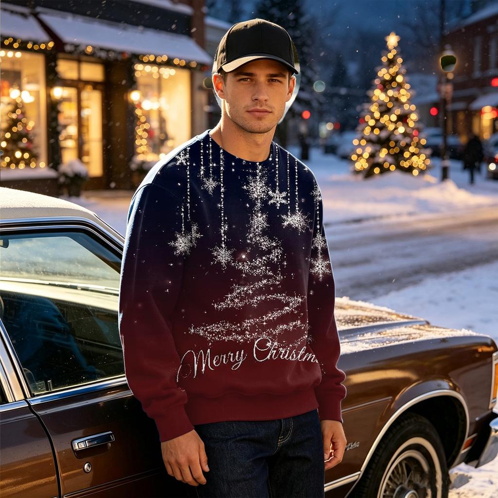 Men's Casual Loose Fit Long Sleeve Round Neck Printed Top for Everyday Wear