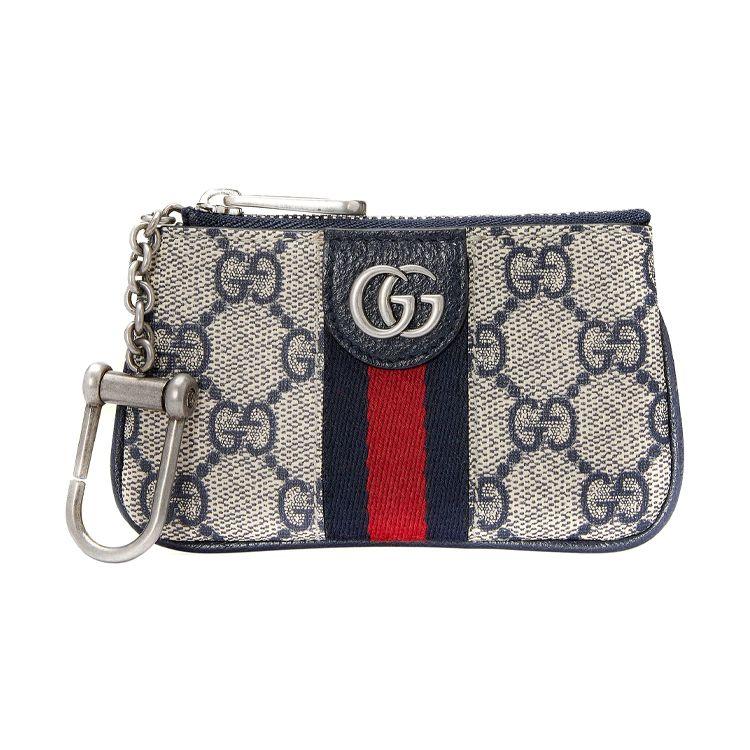 Gucci Pochette Ophidia GG Supreme in Tela con Bordi in Pelle Blu Navy Beige e Web Verde Rosso, Ferramenta GG Argentata, Portachiavi per Donna, Uso Quotidiano 671722-96IWN-4076