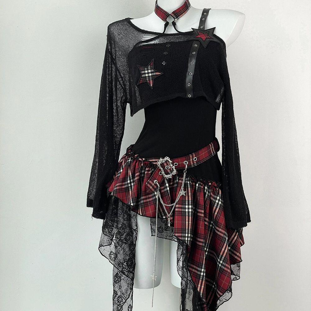 

Платье-сетка Y2K для миллениалов черного цвета: Сладкий и пикантный нишевый дизайн, приталенный, стройнящий костюм-двойка Extra Large