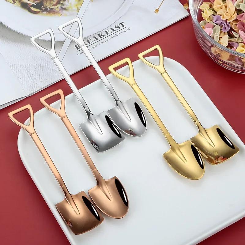 Vintage Shovel Design Stainless Steel Coffee Spoon Creative Ice Cream Cake Watermelon Dessert Multipurpose Kitchen Tool Unique