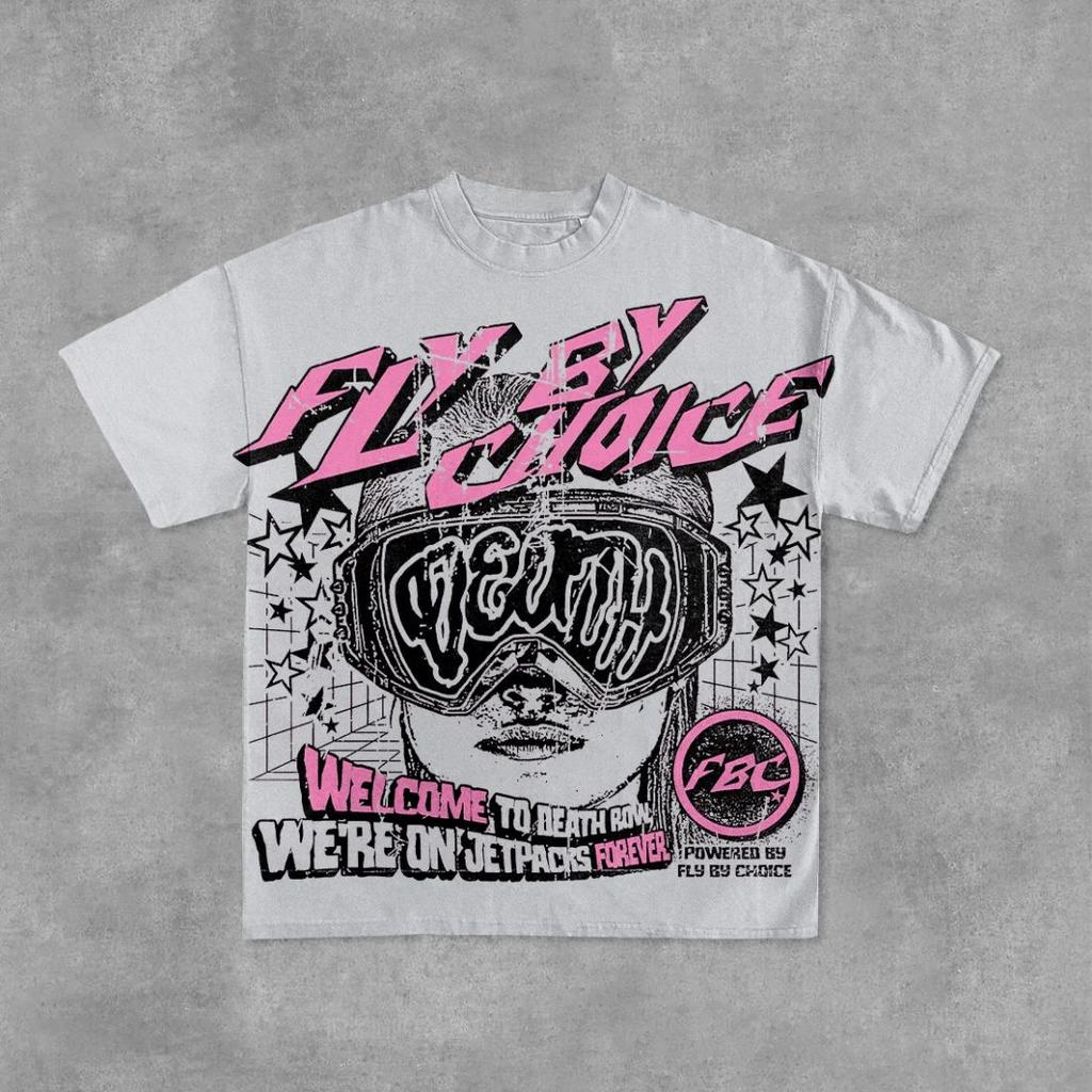 Vintage High Street Tops Vintage Fly By Choice Print Graphics Casual Tshirt Y2K Short Sleeves Oversize Streetwear Unisex