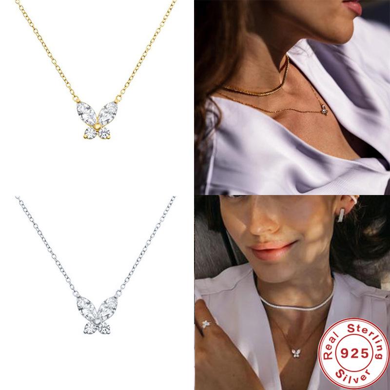 S925 Sterling Silver Ins Wind Mini Diamond-Encrusted Versatile Xiaoqingxin Super Fairy Butterfly Necklace Adjustable Collarbone Chain