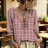 Women's Plaid Print V-Neck Blouse with Ruffle Trim, Tie Front and for Casual Wear