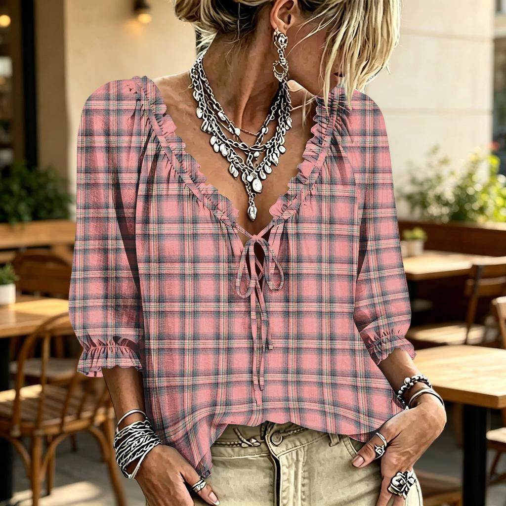 Women's Plaid Print V-Neck Blouse with Ruffle Trim, Tie Front and for Casual Wear