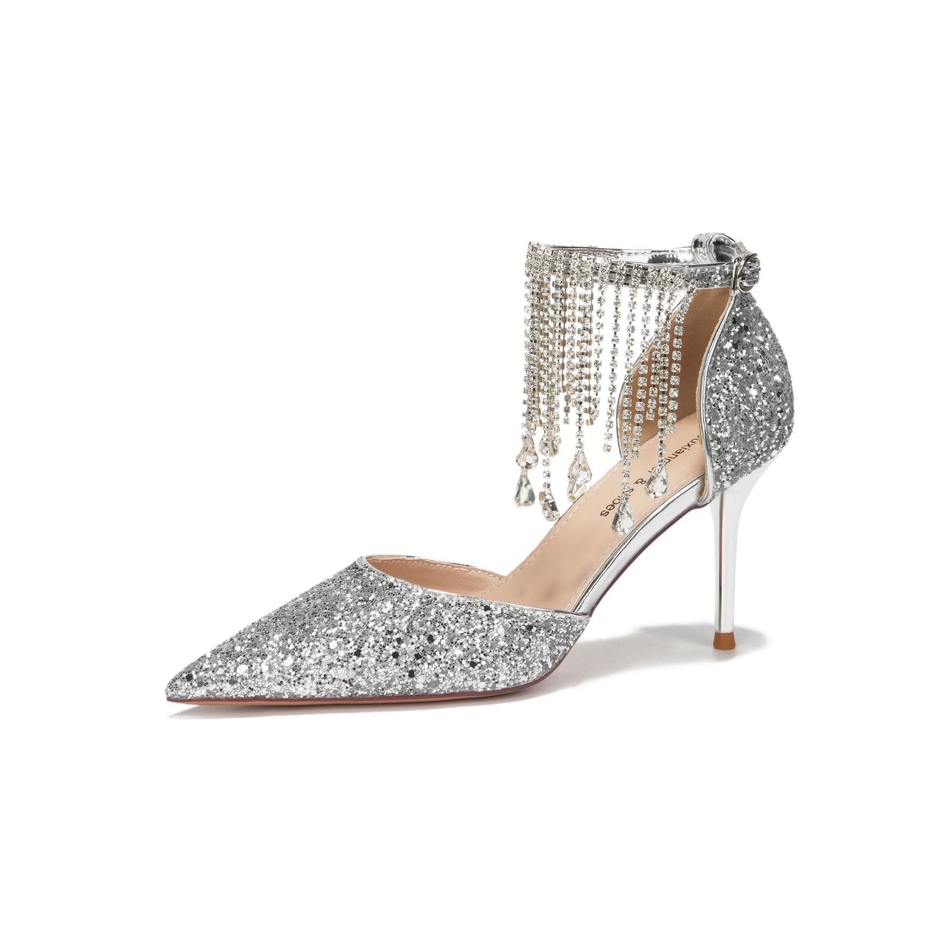 

--Хрустальная цепочка с бахромой, туфли-стилетто с пайетками на высоком каблуке, банкетные свадебные туфли, платье женское 39